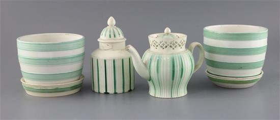 Two Wedgwood Queensware green banded cache pots and stands, a Leeds creamware teapot and cover and similar tea caddy and cover, all lat